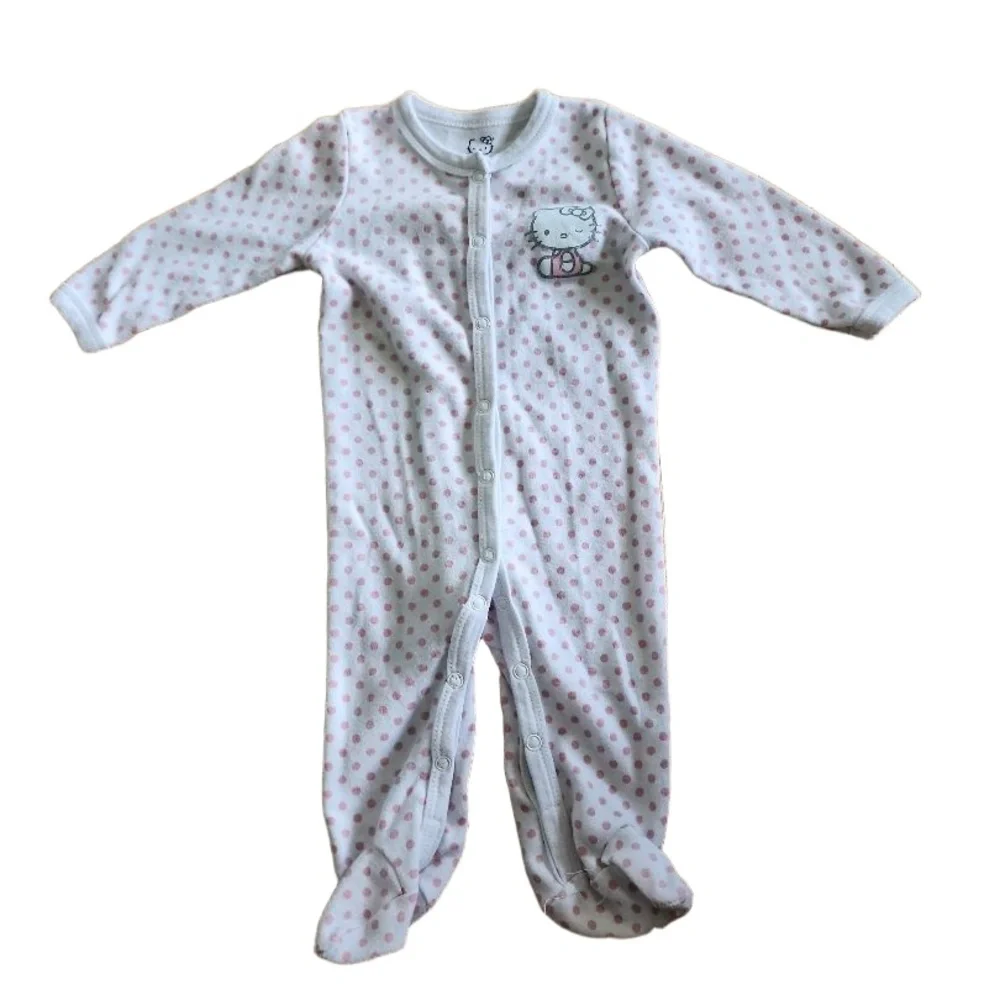 Hello Kitty Girls Pajama 6-9M White Pink Polka Dot‎ Footed Embroidered Cozy